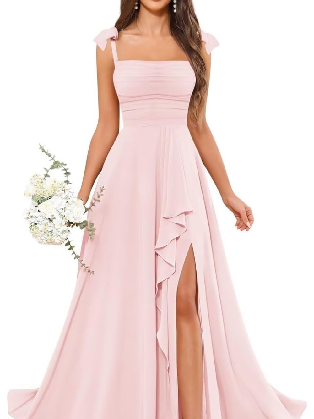 Elegant Pink Ruffle Split Bridesmaid Dress